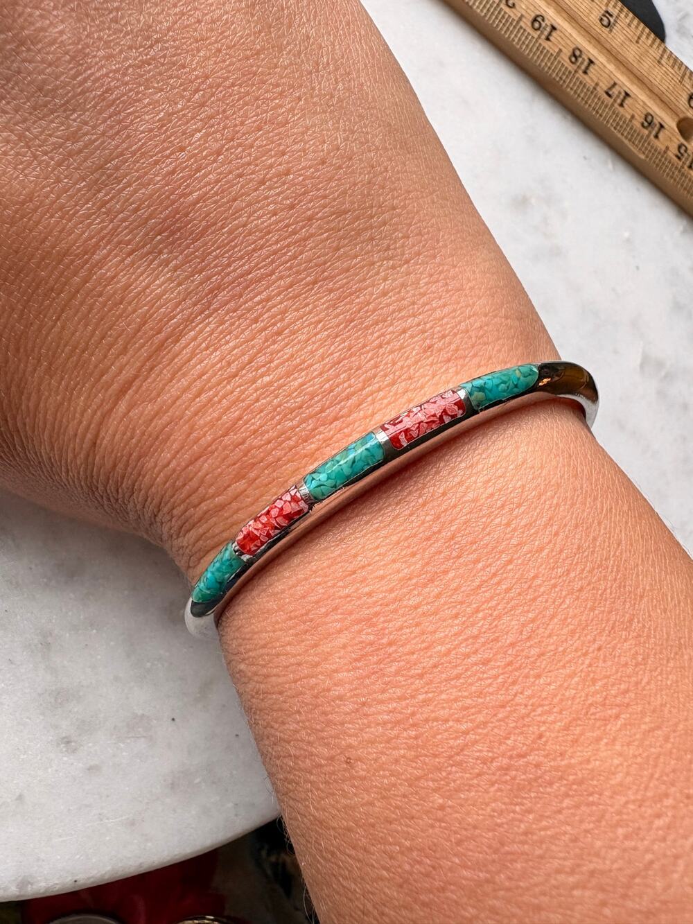 Southwestern Style Turquoise & Red Chip Inlay Silver Tone Cuff Bracelet